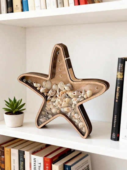 1pc Starfish Desktop Display Stand Ocean Theme Decor Jewelry Storage Rack Wooden Transparent Coin Bank Starfish Display Box Creative Wooden