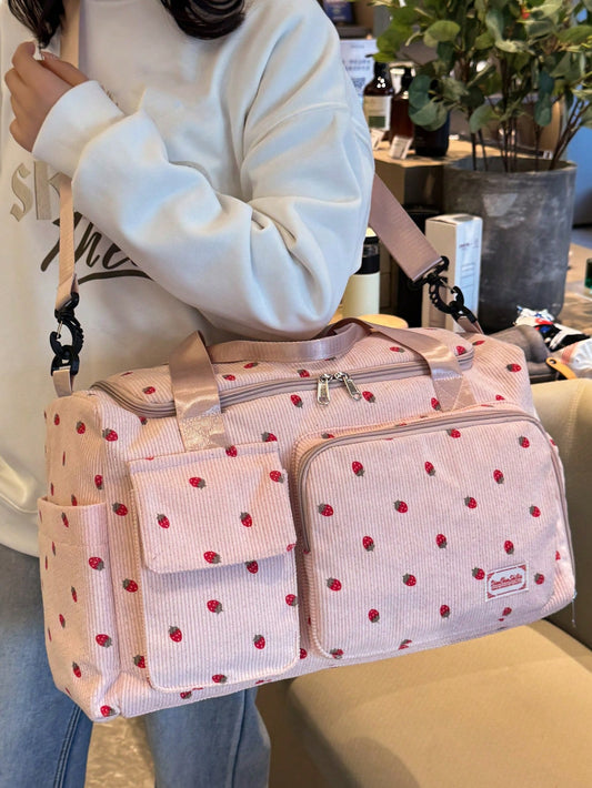 1pc Strawberry Pattern Corduroy Material Travel Luggage Bag, Hospital Bag Maternity, Suitable For Travel, Portable, Lightweight, Durable, Stylish