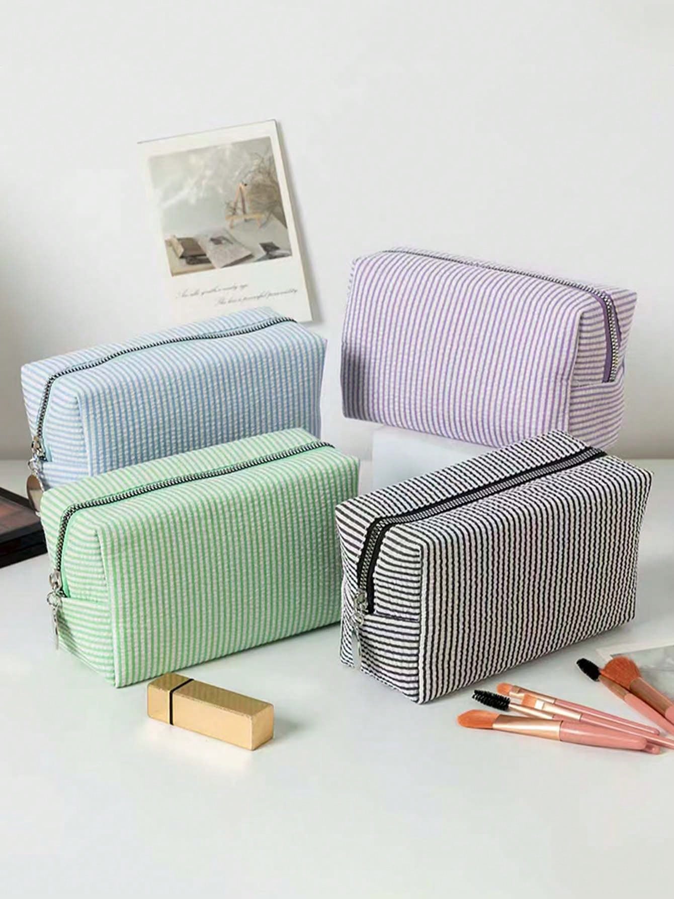 1pc Striped Mesh Zipper Bag, Striped Zipper Cosmetic Bag, Convenient Travel Makeup Bag, Large Capacity Toiletry Bag, Home Storage Bag, Multi-Function Item Storage Pouch, School Supplies Bag, Room Esse