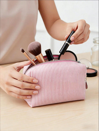 1pc Striped Mesh Zipper Bag, Striped Zipper Cosmetic Bag, Convenient Travel Makeup Bag, Large Capacity Toiletry Bag, Home Storage Bag, Multi-Function Item Storage Pouch, School Supplies Bag, Room Esse