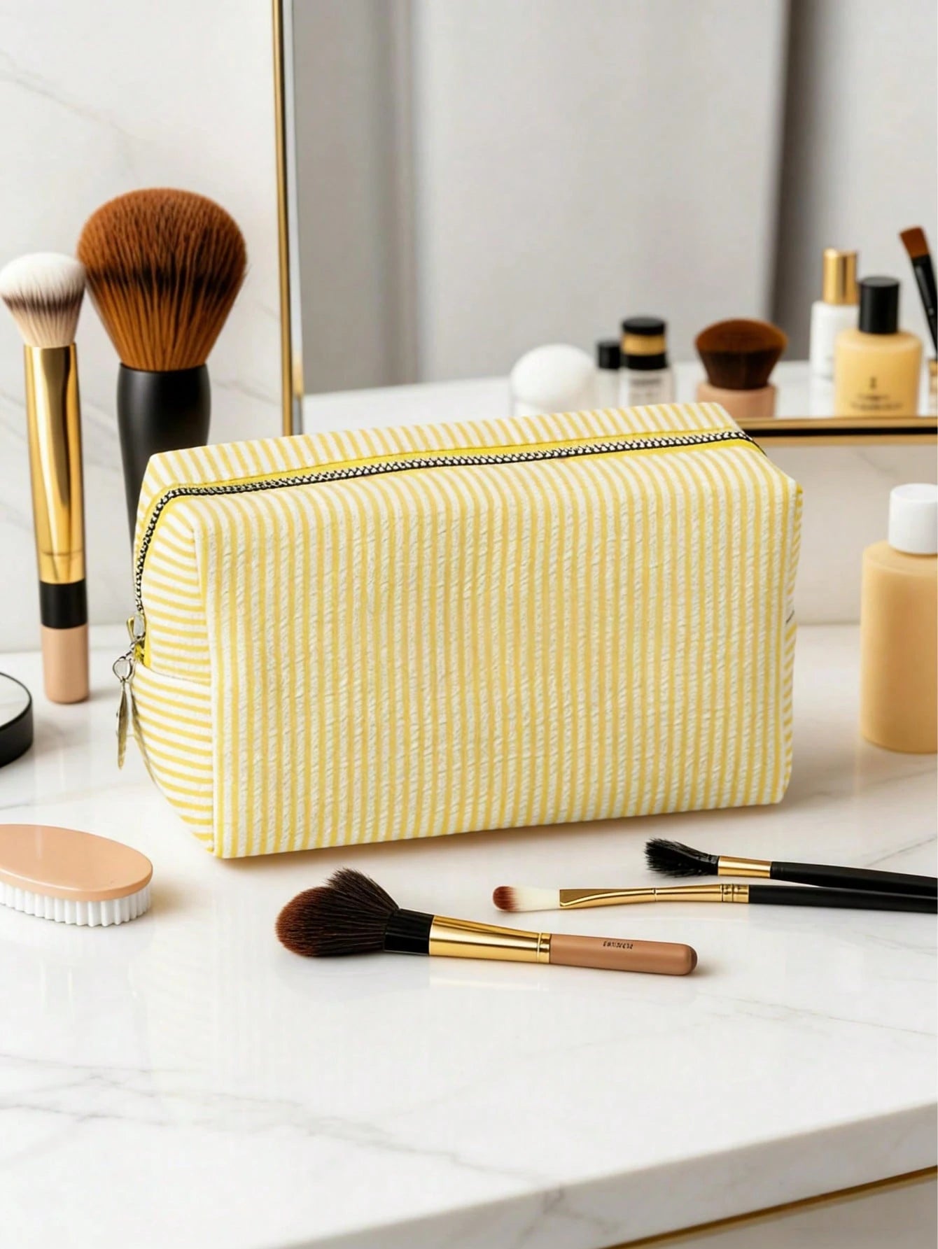 1pc Striped Mesh Zipper Bag, Striped Zipper Cosmetic Bag, Convenient Travel Makeup Bag, Large Capacity Toiletry Bag, Home Storage Bag, Multi-Function Item Storage Pouch, School Supplies Bag, Room Esse