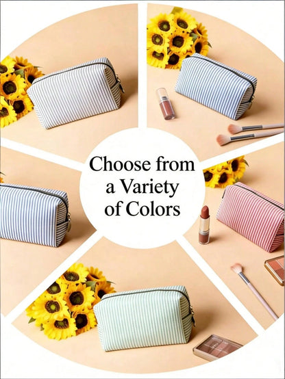 1pc Striped Mesh Zipper Bag, Striped Zipper Cosmetic Bag, Convenient Travel Makeup Bag, Large Capacity Toiletry Bag, Home Storage Bag, Multi-Function Item Storage Pouch, School Supplies Bag, Room Esse