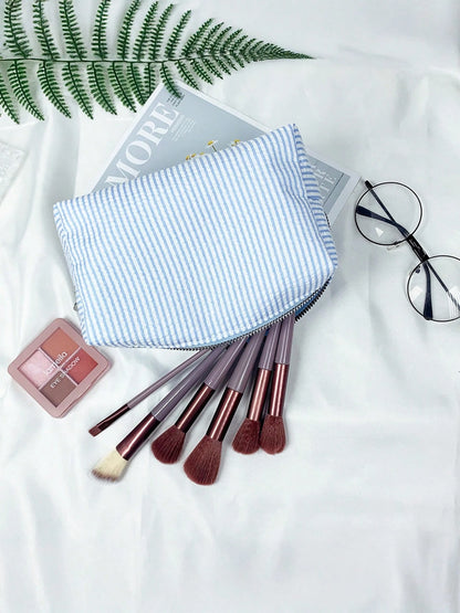 1pc Striped Mesh Zipper Bag, Striped Zipper Cosmetic Bag, Convenient Travel Makeup Bag, Large Capacity Toiletry Bag, Home Storage Bag, Multi-Function Item Storage Pouch, School Supplies Bag, Room Esse