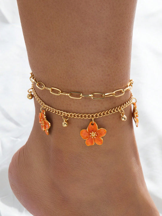 1pc Summer Vacation Style Dopamine Energetic Orange Handmade Drip Oil Delicate Small Plumeria Pendant Women Tassel Double-Layer Anklet