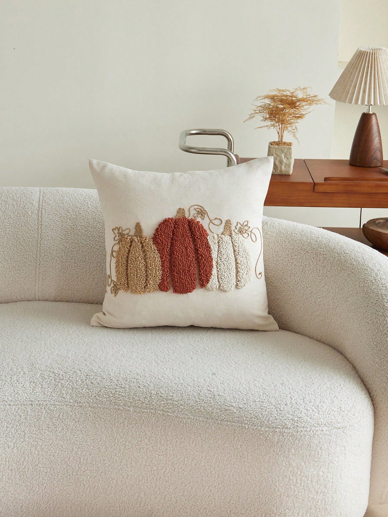 1pc Thanksgiving Pumpkin Rope Circle Flannel Embroidered Throw Pillow Cover, Suitable For Indoor Decor, Harvest Festival Decorative Pillow Cover, Pillow Insert Not Included