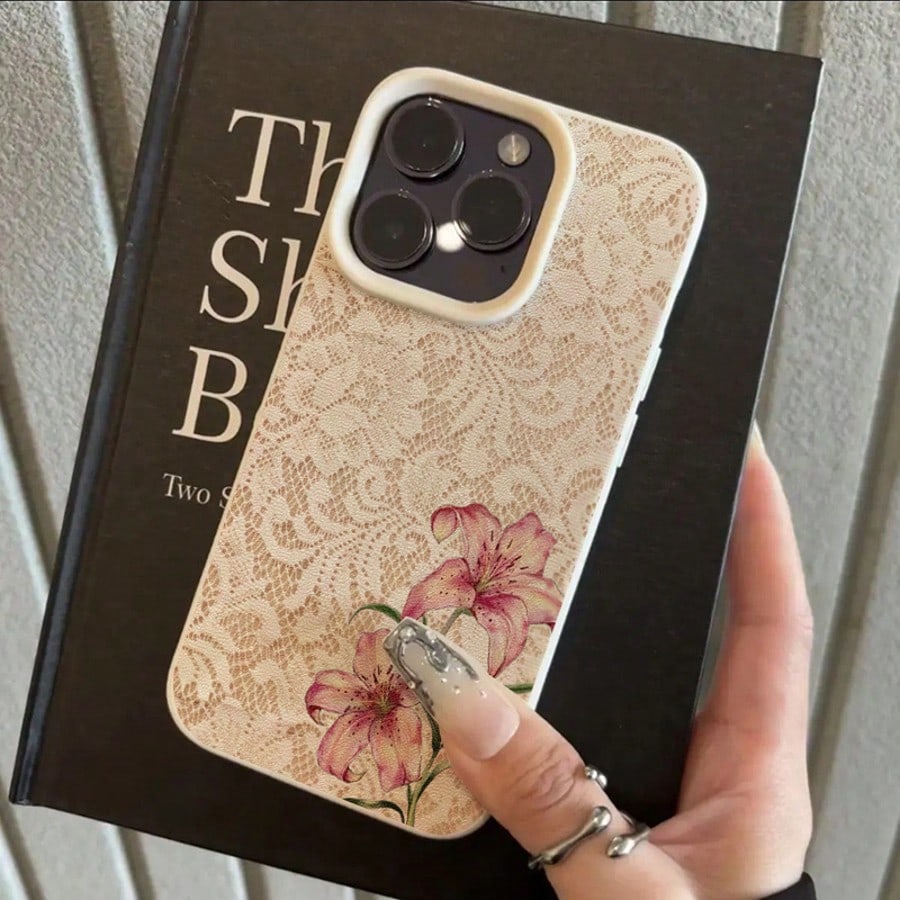 1pc TPU Material Elegant Light Pink Lace Pink Lily Pattern Phone Case Compatible With IPhone 17 Pro Max/17/16 Pro Max/15/13/12/11/ S20 FE/A15/S24/A55/ Note 11/Note 12/Note 13 Pro Full Coverage Shockpr