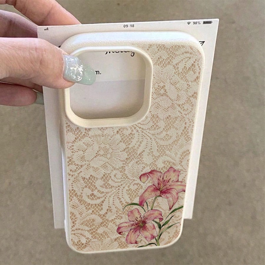 1pc TPU Material Elegant Light Pink Lace Pink Lily Pattern Phone Case Compatible With IPhone 17 Pro Max/17/16 Pro Max/15/13/12/11/ S20 FE/A15/S24/A55/ Note 11/Note 12/Note 13 Pro Full Coverage Shockpr