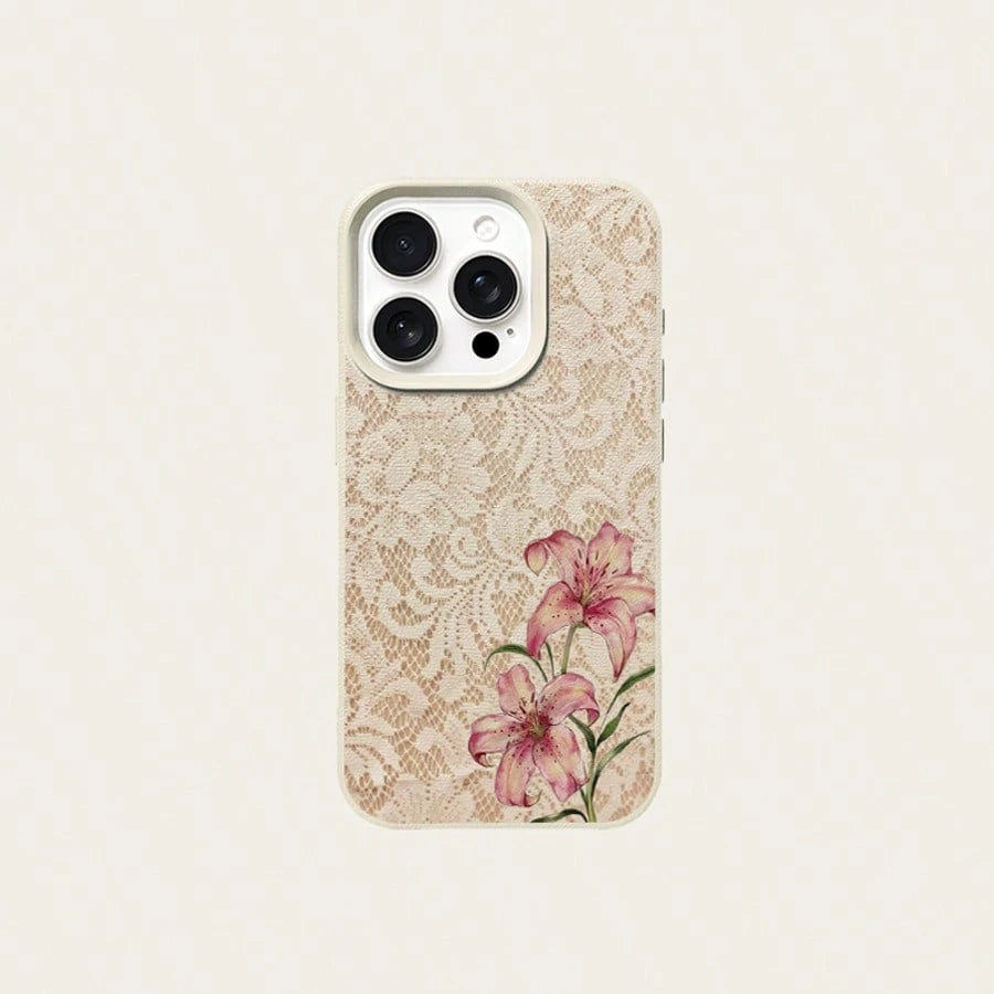 1pc TPU Material Elegant Light Pink Lace Pink Lily Pattern Phone Case Compatible With IPhone 17 Pro Max/17/16 Pro Max/15/13/12/11/ S20 FE/A15/S24/A55/ Note 11/Note 12/Note 13 Pro Full Coverage Shockpr
