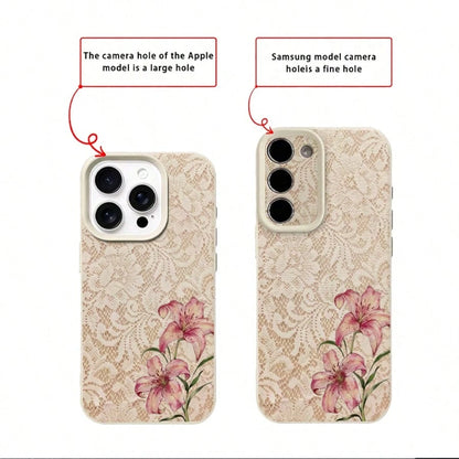 1pc TPU Material Elegant Light Pink Lace Pink Lily Pattern Phone Case Compatible With IPhone 17 Pro Max/17/16 Pro Max/15/13/12/11/ S20 FE/A15/S24/A55/ Note 11/Note 12/Note 13 Pro Full Coverage Shockpr