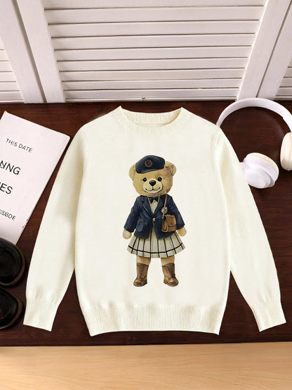 1pc Tween Girl Cute Bear Print Long Sleeve Loose Knit Pullover Top,Beige,Autumn,Casual,School,Back-To-School Minimalist Sweater,Christmas,Winter