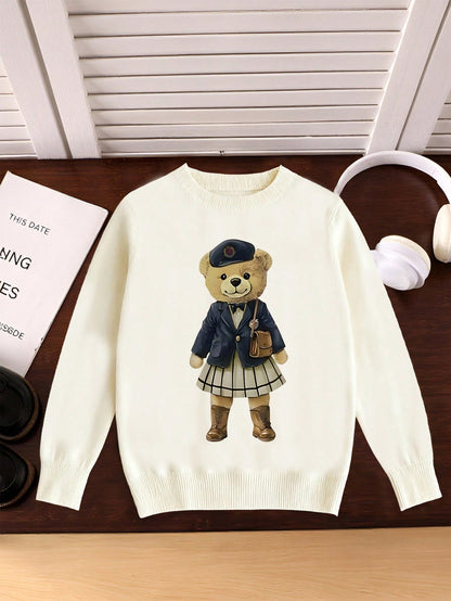 1pc Tween Girl Cute Bear Print Long Sleeve Loose Knit Pullover Top,Beige,Autumn,Casual,School,Back-To-School Minimalist Sweater,Christmas,Winter