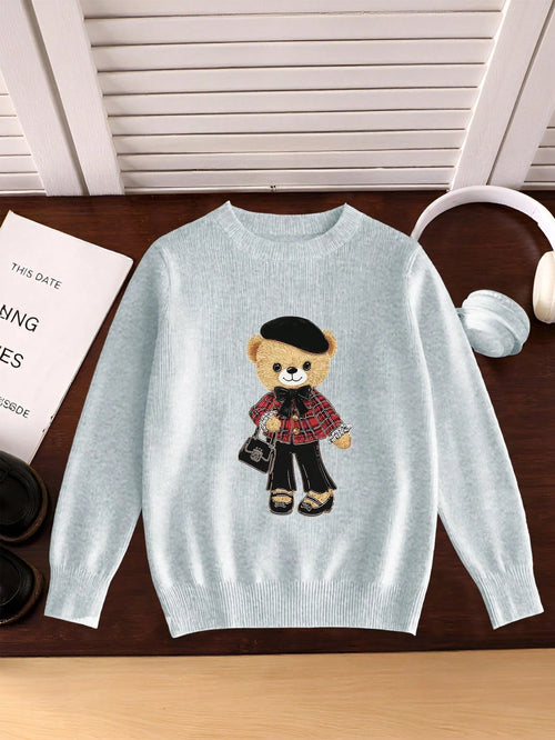 1pc Tween Girls' Cute Bear Graphic Print Sweater,Light Blue Long Sleeve Loose Knit Pullover,Autumn Holiday Back-To-School Minimalist Casual Sweater