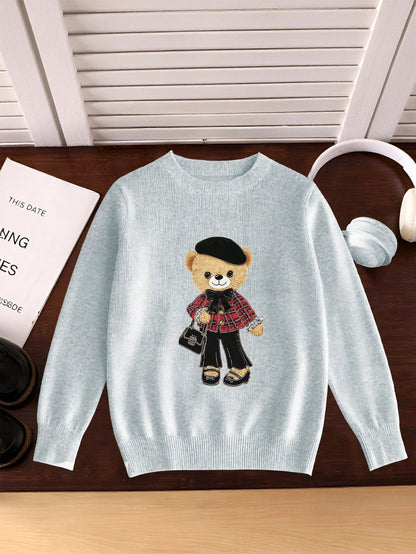 1pc Tween Girls' Cute Bear Graphic Print Sweater,Light Blue Long Sleeve Loose Knit Pullover,Autumn Holiday Back-To-School Minimalist Casual Sweater