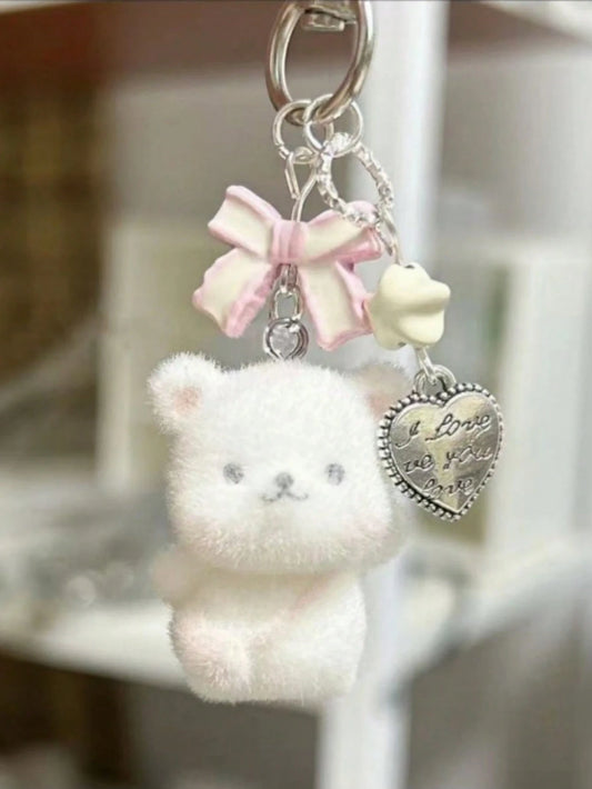 1pc Unisex Flocked Teddy Bear Keychain With Cute Bow, Heart And Star Pendant, Cartoon Accessory Bag Charm