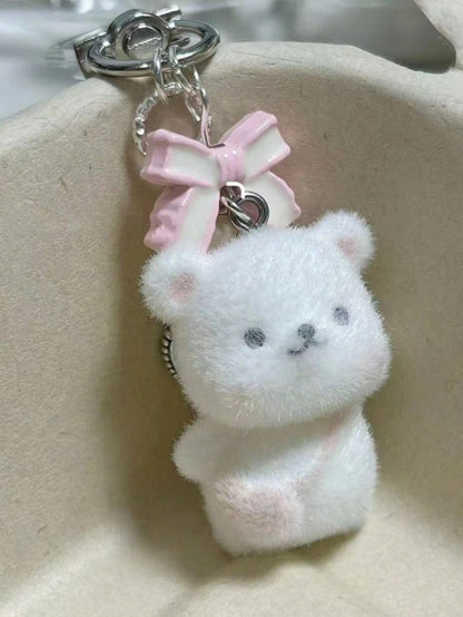 1pc Unisex Flocked Teddy Bear Keychain With Cute Bow, Heart And Star Pendant, Cartoon Accessory Bag Charm