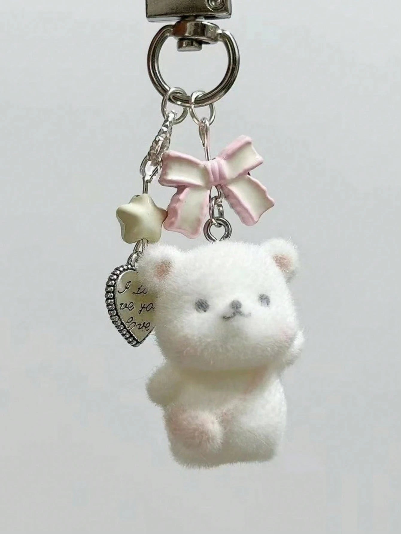 1pc Unisex Flocked Teddy Bear Keychain With Cute Bow, Heart And Star Pendant, Cartoon Accessory Bag Charm