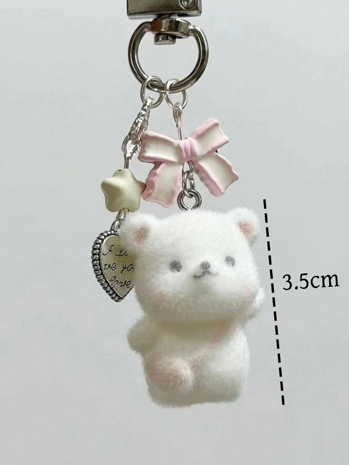 1pc Unisex Flocked Teddy Bear Keychain With Cute Bow, Heart And Star Pendant, Cartoon Accessory Bag Charm