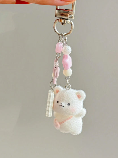 1pc Unisex Flocked Teddy Bear Keychain With Cute Bow, Heart And Star Pendant, Cartoon Accessory Bag Charm