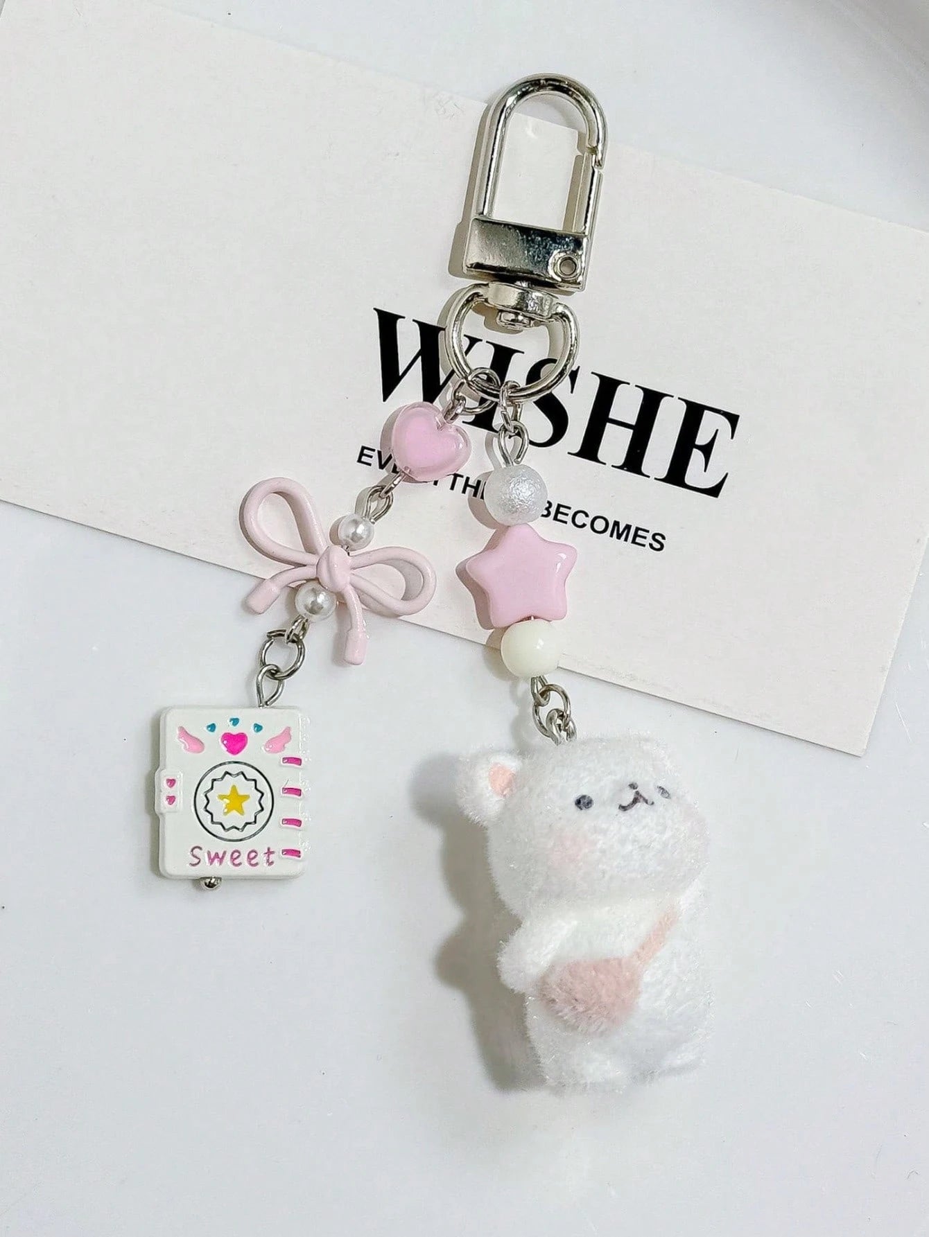 1pc Unisex Flocked Teddy Bear Keychain With Cute Bow, Heart And Star Pendant, Cartoon Accessory Bag Charm