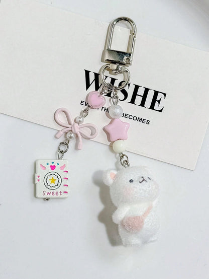 1pc Unisex Flocked Teddy Bear Keychain With Cute Bow, Heart And Star Pendant, Cartoon Accessory Bag Charm