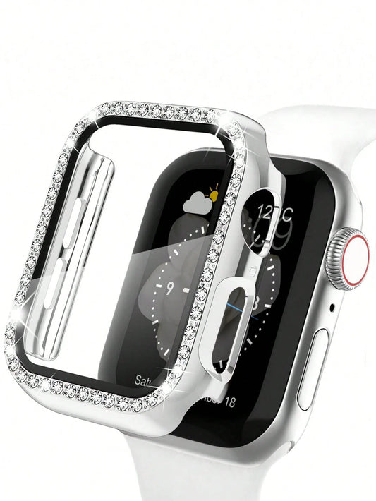 1pc Unisex Silver Diamond Decor Ultra-Thin Tempered Glass Watch Case, Scratch-Resistant Protective Cover, Compatible With Apple Watch 38/40/41/42/44/45/46/49mm, Compatible With Apple Watch Series Ultr