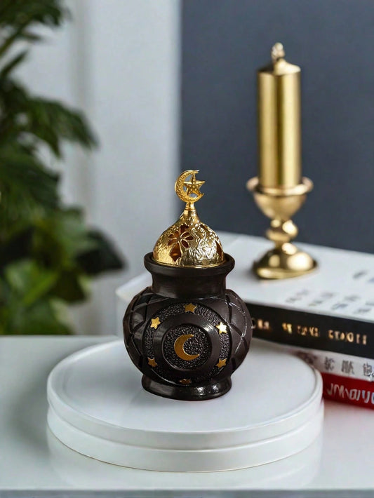 1pc Vintage Dark Brown + Gold Star & Moon Incense Burner, Spherical Bottle Body With Hollow Floral Pattern, Star & Moon Totem Decor, Ritual Atmosphere, Suitable For Burning Frankincense & Fragrance, P