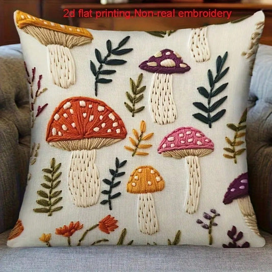 1pc Vintage Mushroom Print Cushion Cover 18x18 Inch- Soft Short Fleece Pillowcase With Envelope Closure, Rustic Farmhouse Decor In Earthy Tones (Beige/Pink/Orange/Green/Brown) For Bed, Sofa, Car- Mu