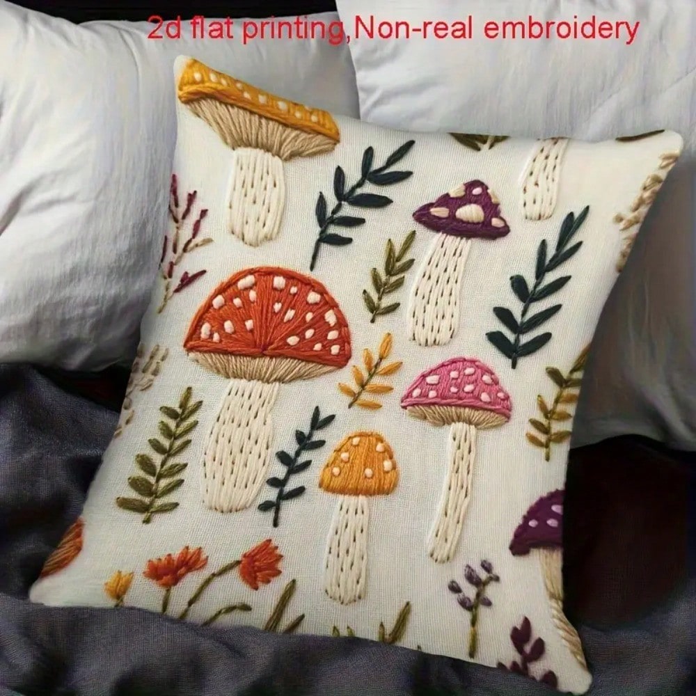1pc Vintage Mushroom Print Cushion Cover 18x18 Inch- Soft Short Fleece Pillowcase With Envelope Closure, Rustic Farmhouse Decor In Earthy Tones (Beige/Pink/Orange/Green/Brown) For Bed, Sofa, Car- Mu