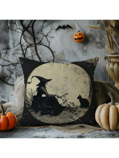 1pc Vintage Witch Moon Black Cat Throw Pillow Cover, Single-Sided Printed Soft Peach Velvet Material, 45*45/50*50/40*40CM Cushion Cover For Modern Fabric Sofa Indoor Decor, Party Decoration