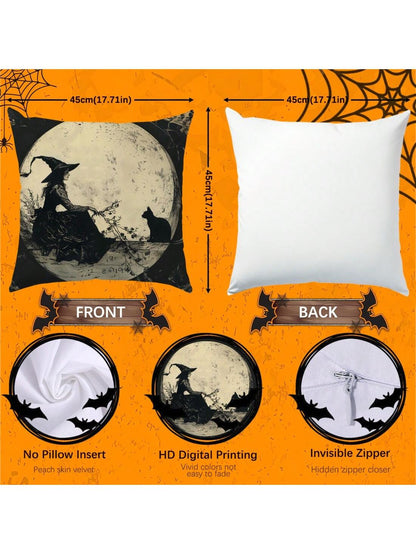 1pc Vintage Witch Moon Black Cat Throw Pillow Cover, Single-Sided Printed Soft Peach Velvet Material, 45*45/50*50/40*40CM Cushion Cover For Modern Fabric Sofa Indoor Decor, Party Decoration