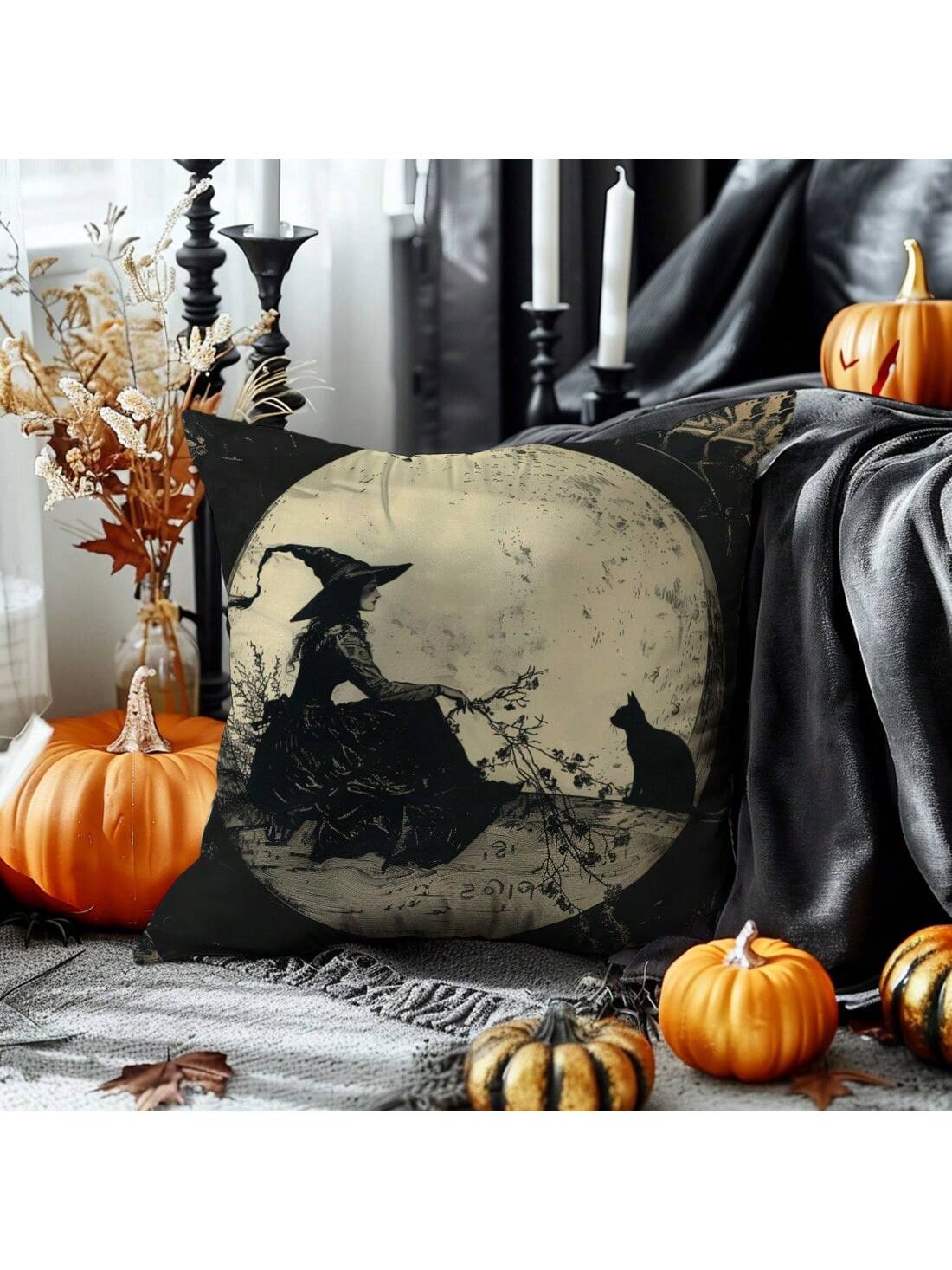 1pc Vintage Witch Moon Black Cat Throw Pillow Cover, Single-Sided Printed Soft Peach Velvet Material, 45*45/50*50/40*40CM Cushion Cover For Modern Fabric Sofa Indoor Decor, Party Decoration