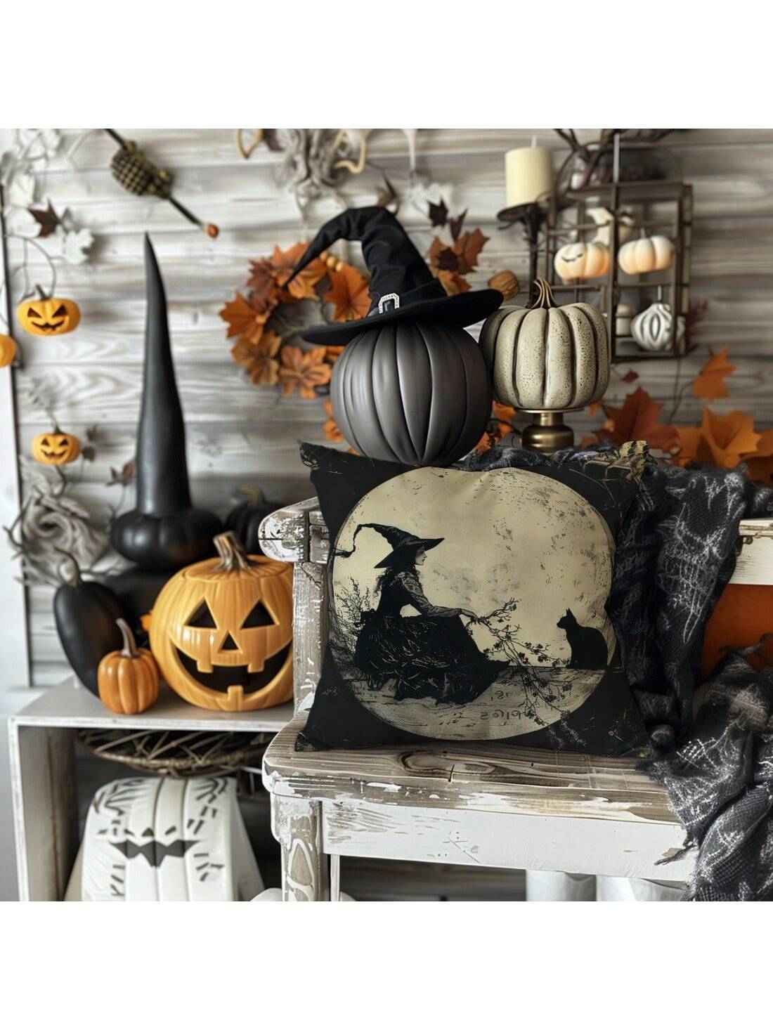 1pc Vintage Witch Moon Black Cat Throw Pillow Cover, Single-Sided Printed Soft Peach Velvet Material, 45*45/50*50/40*40CM Cushion Cover For Modern Fabric Sofa Indoor Decor, Party Decoration