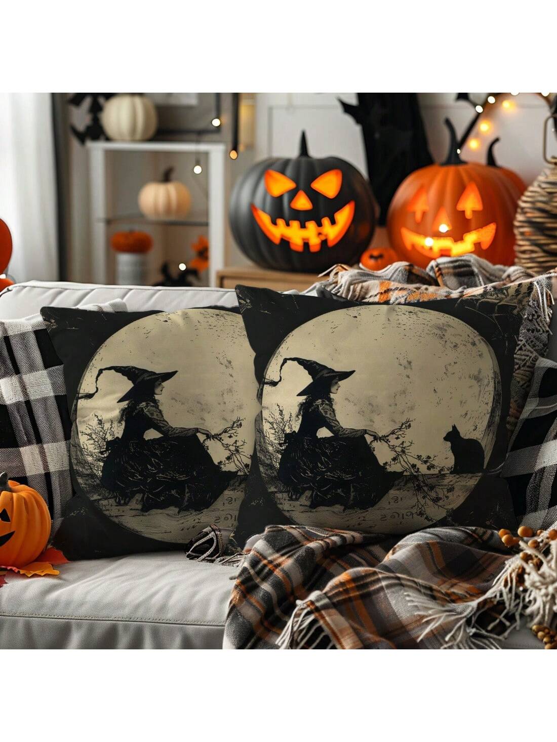 1pc Vintage Witch Moon Black Cat Throw Pillow Cover, Single-Sided Printed Soft Peach Velvet Material, 45*45/50*50/40*40CM Cushion Cover For Modern Fabric Sofa Indoor Decor, Party Decoration