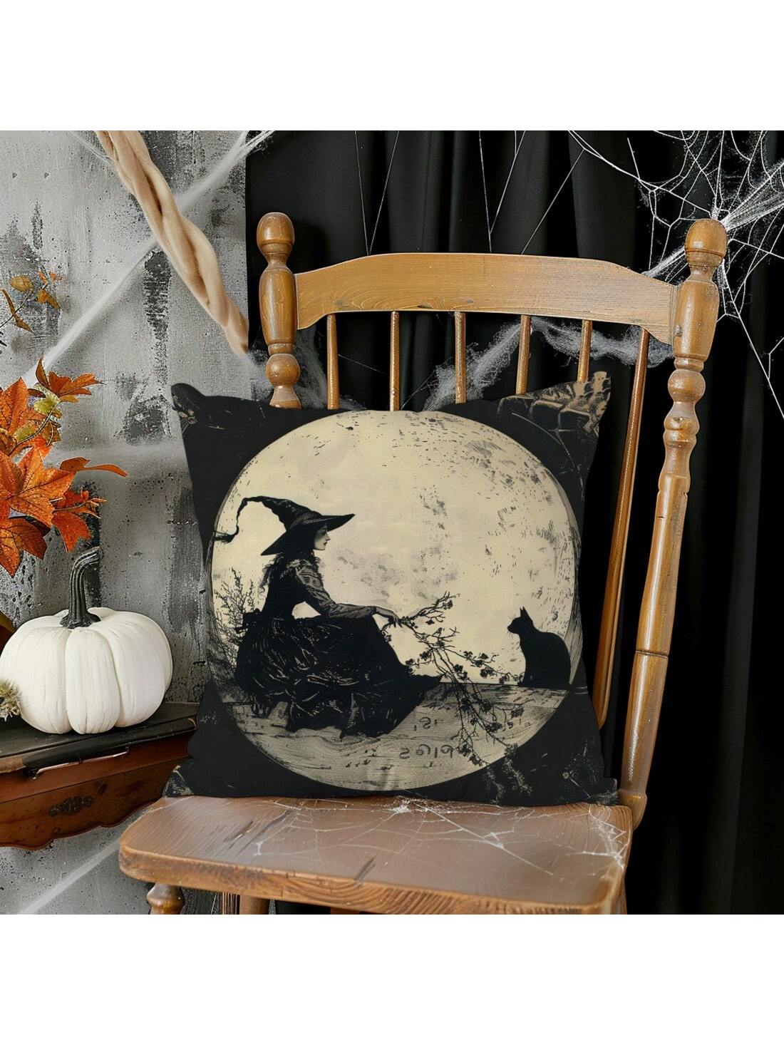 1pc Vintage Witch Moon Black Cat Throw Pillow Cover, Single-Sided Printed Soft Peach Velvet Material, 45*45/50*50/40*40CM Cushion Cover For Modern Fabric Sofa Indoor Decor, Party Decoration
