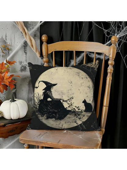 1pc Vintage Witch Moon Black Cat Throw Pillow Cover, Single-Sided Printed Soft Peach Velvet Material, 45*45/50*50/40*40CM Cushion Cover For Modern Fabric Sofa Indoor Decor, Party Decoration