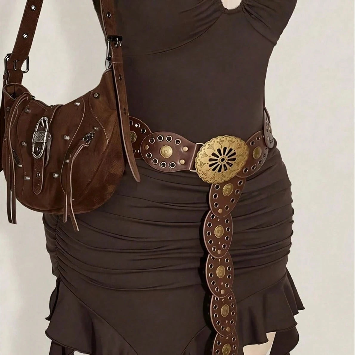 1pc Western Cowboy Boho Punk Style Belt, Fashionable Accessory, Women's Hollow Flower Buckle Oval Cake Decor Belt, Boho Belt Suitable For Dresses, Daily Commute And Versatile Matching, Suitable For Ga