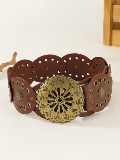 1pc Western Cowboy Boho Punk Style Belt, Fashionable Accessory, Women's Hollow Flower Buckle Oval Cake Decor Belt, Boho Belt Suitable For Dresses, Daily Commute And Versatile Matching, Suitable For Ga