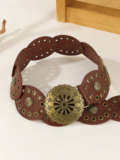 1pc Western Cowboy Boho Punk Style Belt, Fashionable Accessory, Women's Hollow Flower Buckle Oval Cake Decor Belt, Boho Belt Suitable For Dresses, Daily Commute And Versatile Matching, Suitable For Ga