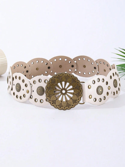 1pc Western Cowboy Boho Punk Style Belt, Fashionable Accessory, Women's Hollow Flower Buckle Oval Cake Decor Belt, Boho Belt Suitable For Dresses, Daily Commute And Versatile Matching, Suitable For Ga
