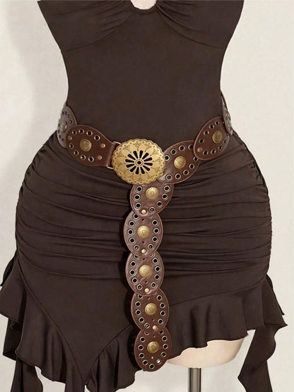1pc Western Cowboy Boho Punk Style Belt, Fashionable Accessory, Women's Hollow Flower Buckle Oval Cake Decor Belt, Boho Belt Suitable For Dresses, Daily Commute And Versatile Matching, Suitable For Ga
