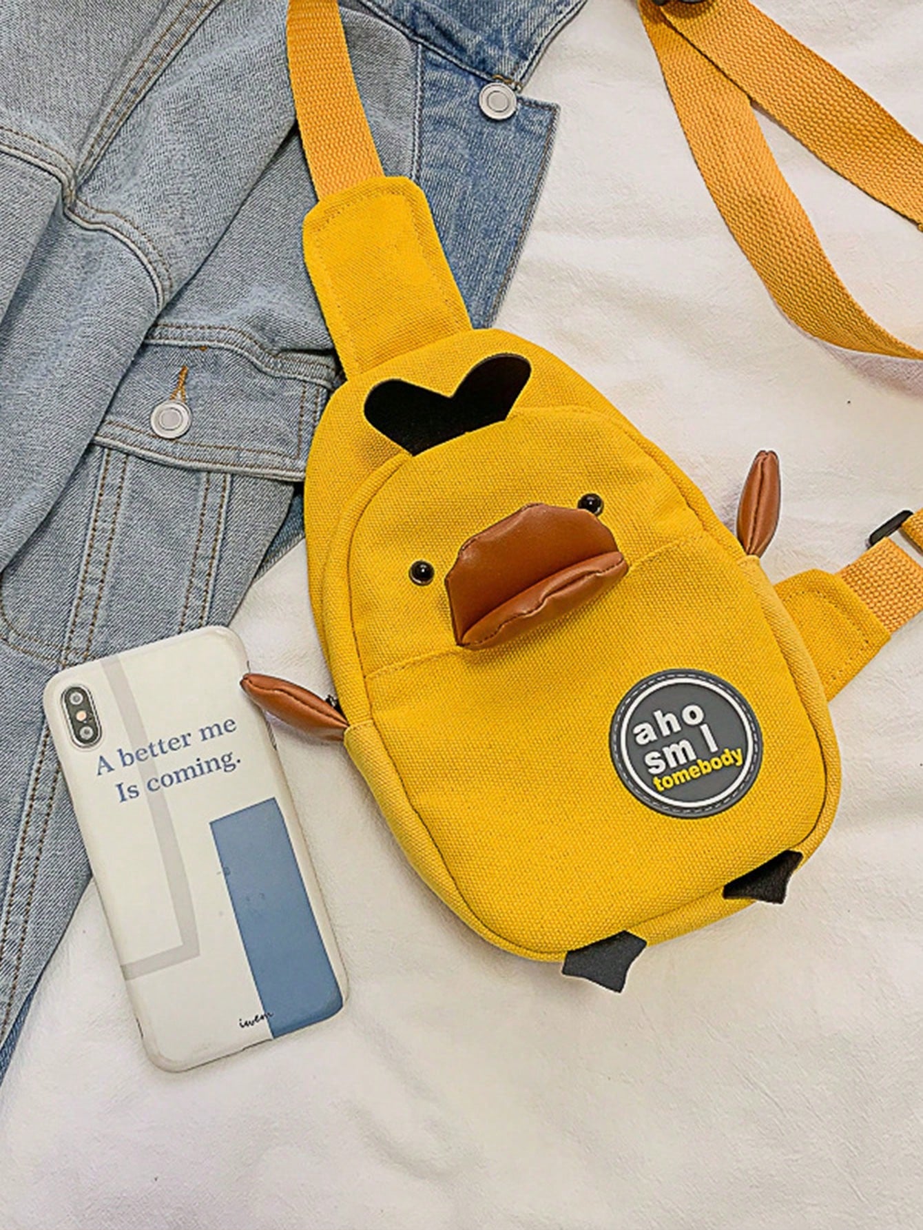 1pc White Fashion Cute Duck Shape Crossbody Bag, Unique Cartoon Animal Style Zipper Closure Mini Shoulder Bag, Campus Fresh Girl, Yellow, Kawaii