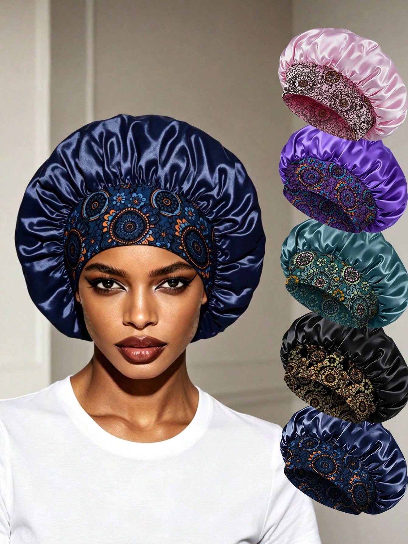 1pc Women Floral Print Wide Band Satin Bonnet, Soft Sleep Cap Hair Care Night Hat For Curly Hair Braids Natural Hair,Beach,Travel