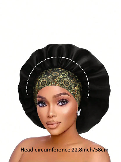 1pc Women Floral Print Wide Band Satin Bonnet, Soft Sleep Cap Hair Care Night Hat For Curly Hair Braids Natural Hair,Beach,Travel