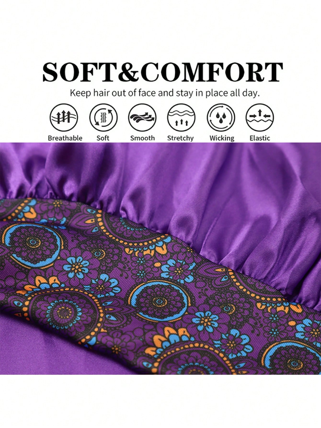 1pc Women Floral Print Wide Band Satin Bonnet, Soft Sleep Cap Hair Care Night Hat For Curly Hair Braids Natural Hair,Beach,Travel
