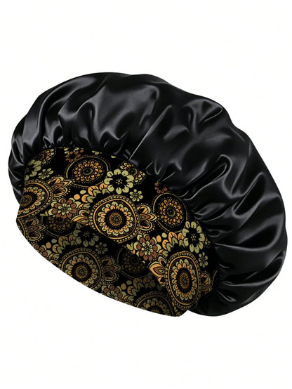 1pc Women Floral Print Wide Band Satin Bonnet, Soft Sleep Cap Hair Care Night Hat For Curly Hair Braids Natural Hair,Beach,Travel