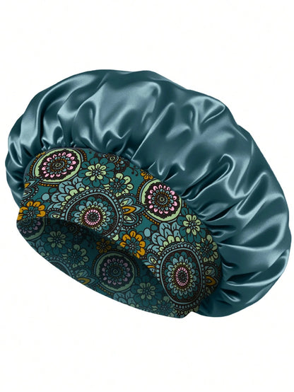1pc Women Floral Print Wide Band Satin Bonnet, Soft Sleep Cap Hair Care Night Hat For Curly Hair Braids Natural Hair,Beach,Travel