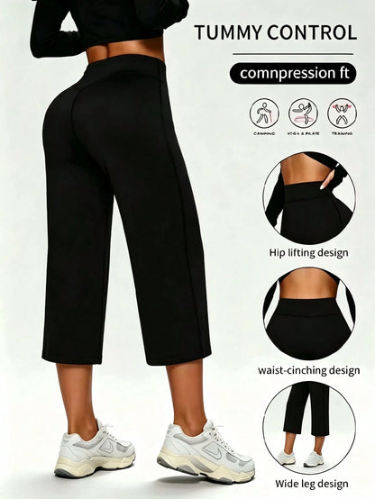 1pc Women High Waist Yoga Pants, Casual Sports Straight Leg Trousers, Slimming Flared 3/4 Length Pants, Athleisure, All Day Comfort