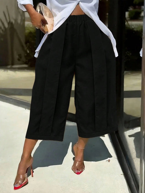 1pc Women's Fashionable Casual Solid Color Wide Leg Capri Pants, Comfortable Casual Patchwork Design, Wide Leg Pants Suit For Daily Commute & Work, Spring/Summer Black