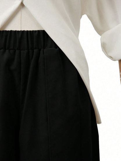 1pc Women's Fashionable Casual Solid Color Wide Leg Capri Pants, Comfortable Casual Patchwork Design, Wide Leg Pants Suit For Daily Commute & Work, Spring/Summer Black