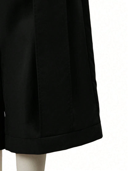 1pc Women's Fashionable Casual Solid Color Wide Leg Capri Pants, Comfortable Casual Patchwork Design, Wide Leg Pants Suit For Daily Commute & Work, Spring/Summer Black